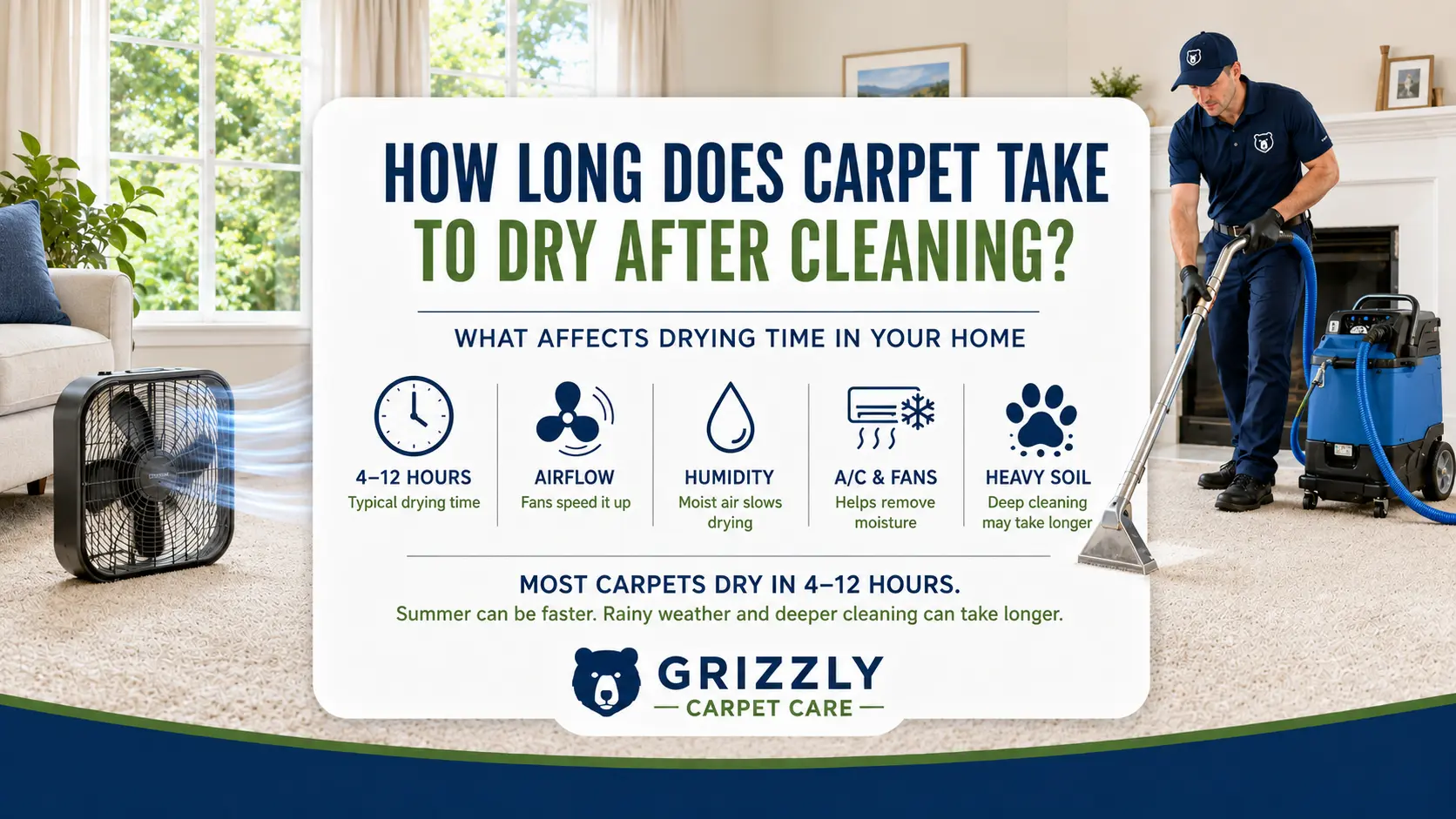 Freshly cleaned carpet drying — how long carpet takes to dry after cleaning